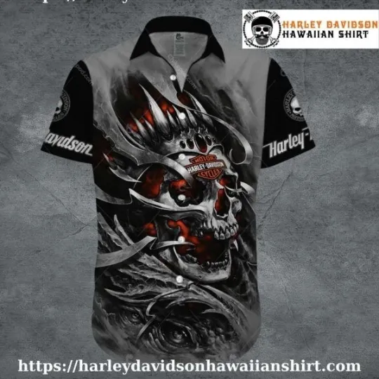 Discover Crowned Skull Flames Harley Motor Racing Davidsonn Aloha Shirt, Size S-5XL