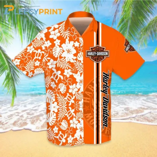 Discover Harley Motor Racing Davidsonn Hibiscus Flower Orange Hawaiian Shirt For Men