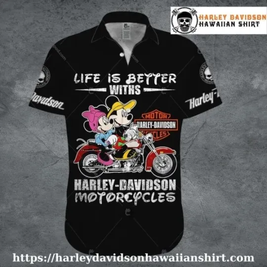 Discover Mickey and Minnie Ride Harley Motor Racing Davidsonn Davidson Hawaiian shirt kid
