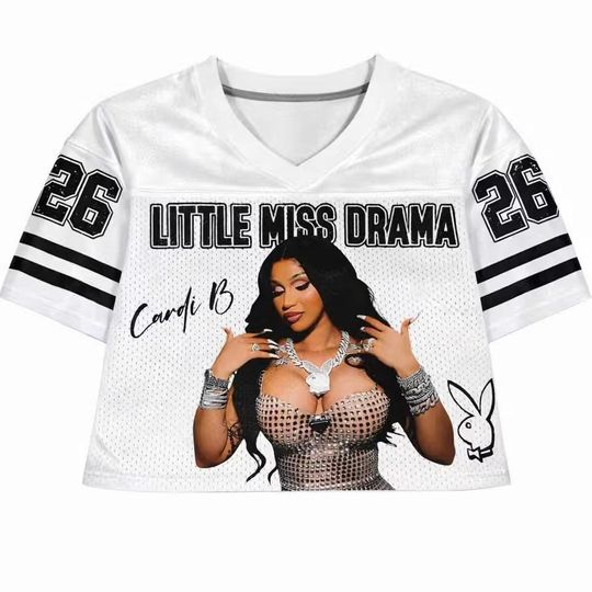 Discover Cardi B 2026 World Tour Shirt, Little Miss Drama Mesh Jersey, Bardi Gang White Crop Top, Playboy Aesthetic Rap Tee, Y2K Concert Apparel