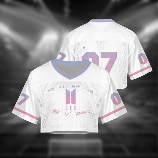 Discover BTS Jersey Crop Top, Kpop Concert Outfit, Bangtan Members Signatures Shirt, Purple Gradient V-Neck Mesh Jersey, Custom Kpop Fan Gift for Her