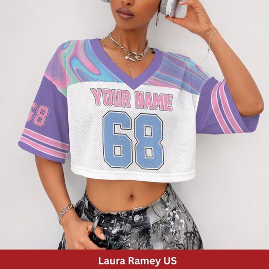 Discover Custom Hologram Mesh Crop Jersey for Women, Personalized Name & Number Football Jersey, Cheerleader Team Mesh Top, Streetwear Sport Jersey