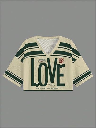 Discover LOVE Vintage Crop Top Football Jersey  Retro Mesh Sports Top, Green & Cream Streetwear Crop Shirt