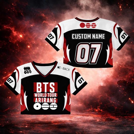Discover Custom Kpop Football Jersey, Personalized World Tour Crop-top Mesh Jersey, Kpop Merch Gift for Fan, 2026 Concert Outfit For Army Bts Fan 2