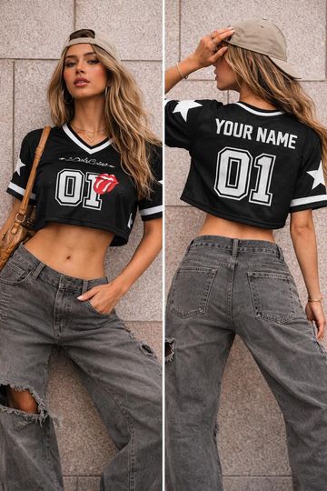 Discover Custom Name Crop Top Jersey, Personalized Football Shirt, Women Streetwear Jersey, Y2K Crop Jersey Top, Custom Number Shirt