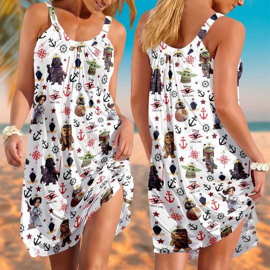 Discover Disney Cruise Star Wars Sling Dress, Grogu BB8 Chewbacca Leia Women Dress, Nautical Anchor Dress, Disney Star Wars Cruise Trip Dress