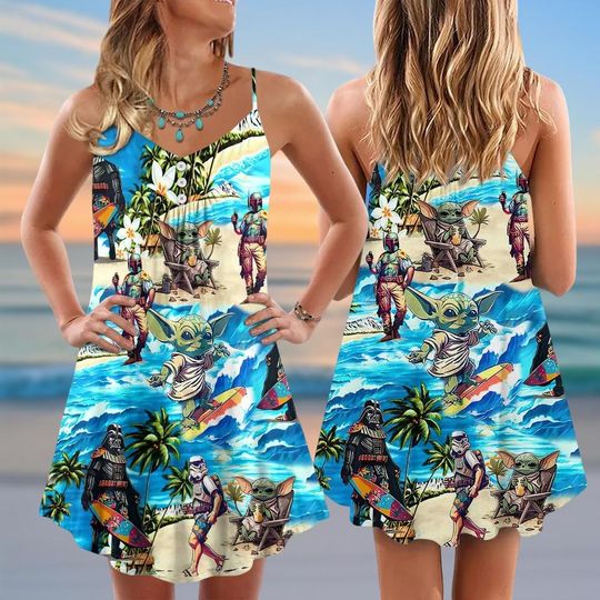 Star Wars Spaghetti Strap Summer Dress, Disney Family Women Dress, Tropical Pattern Dress, Disney Trip Casual Dress, Star Wars Outfit