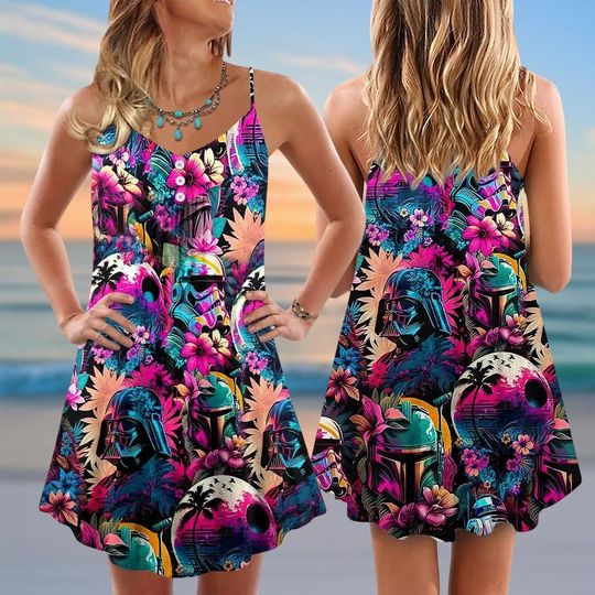 Star Wars Tropical Spaghetti Strap Dress, Darth Vader Women Dress, Neon Disney Casual Dress, Galaxy's Edge Dress, Vacation Beachwear