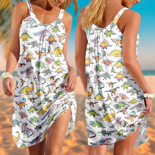 Discover Cute Dinosaur Sling Dress Women, Funny Dino Summer Dress, Cartoon Dinosaur Dress, Casual Cute Vacation Dress, Disney Trip Summer Dress