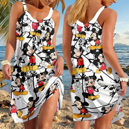 Discover Mickey Mouse Sling Summer Dress Women, Disney Cartoon Print Mini Sundress, Fun Vacation Resort Wear
