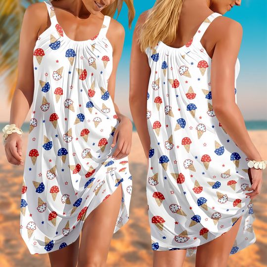 Ice Cream USA Anniversary Sling Dress, USA Summer Dress, Retro American Flag 1776 Women Dress, 4th of July Dress