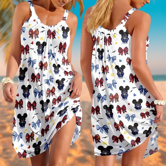 Discover Disney Cruise Mickey Captain Bows Sling Dress, Nautical Bow Print Dress, Summer Beach Vacation Cruise Outfit, Disney Cruise Trip Gift