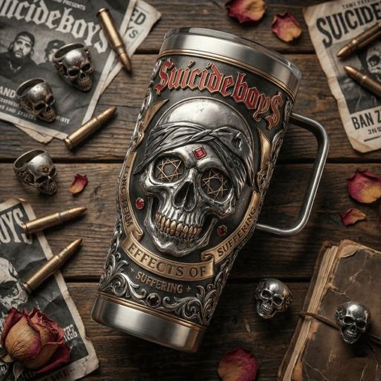 Discover Dark Gothic Skull Tumbler with Handle, Underground Rap Inspired Mug, Stainless Steel Insulated Travel Cup, Alternative Music Fan Drinkware