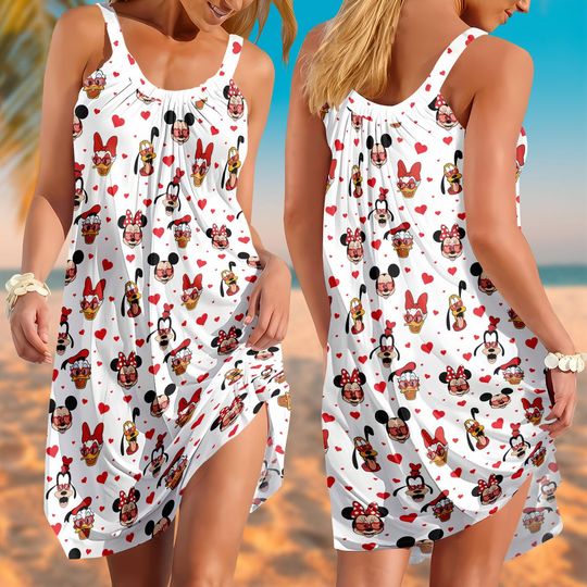 Disney Character Valentine Sling Summer Dress, Mickey Minnie Donald Daisy Goofy Heart Dress, Cute Beach Dress, Romantic Gift for Her