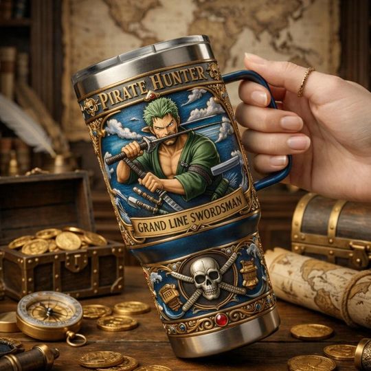 Discover Pirate Hunter Swordsman Tumbler With Handle, Anime Inspired Stainless Steel Travel Mug, Grand Line Adventure Cup Gift For Anime Fans