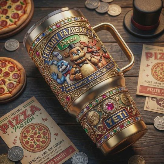Discover Retro Arcade Pizza Stainless Steel Tumbler with Handle, Gaming Aesthetic Travel Mug, Fun Character 40oz Coffee Cup Gift