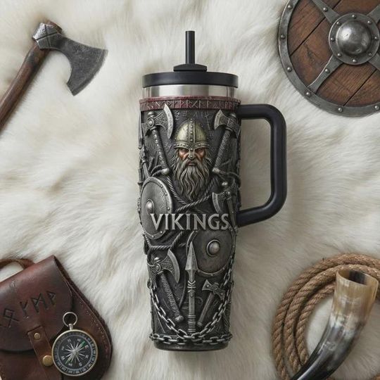Discover Viking Stainless Steel Tumbler with Handle, Norse Warrior Travel Mug, Mythology 40oz Coffee Cup Gift
