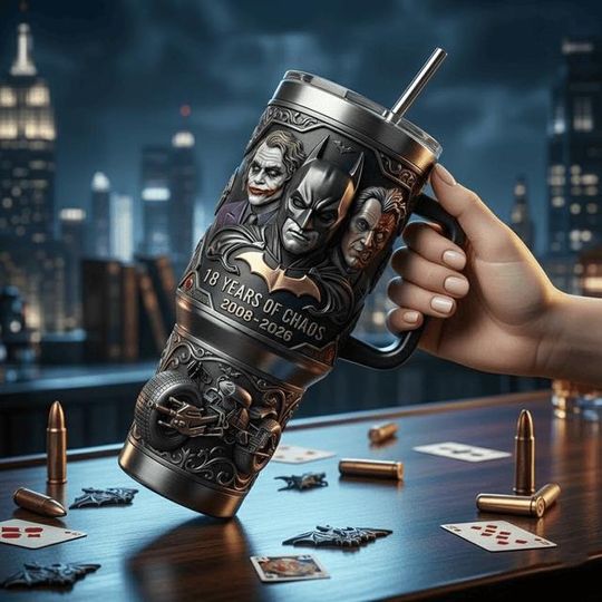 Discover Dark Vigilante Hero Tumbler with Handle, Chaos Villain Inspired Mug, Stainless Steel Insulated Travel Cup, Comic Fan Drinkware