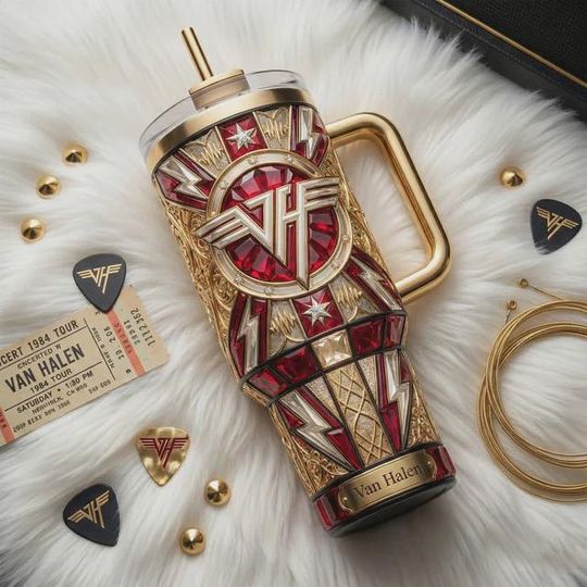 Discover Rock Band Inspired Stainless Steel Tumbler with Handle, Vintage Guitar Aesthetic Travel Mug, Music Lover 40oz Coffee Cup Gift