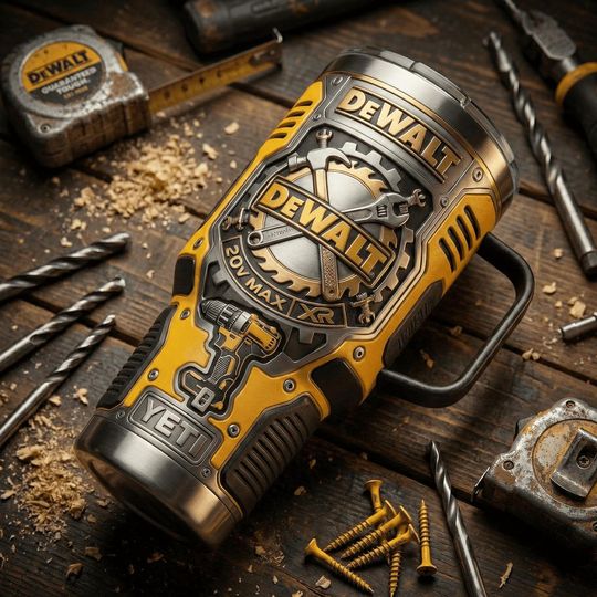Discover DeWalt Inspired 3D Tumbler Wrap Design, Tool Lover Gift, Carpenter Coffee Mug Print, Construction Dad Cup, Workshop Style Tumbler