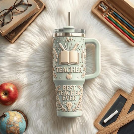 Discover Teacher Stainless Steel Tumbler with Handle, Best Teacher Gift, Classroom Travel Mug, Education 40oz Coffee Cup