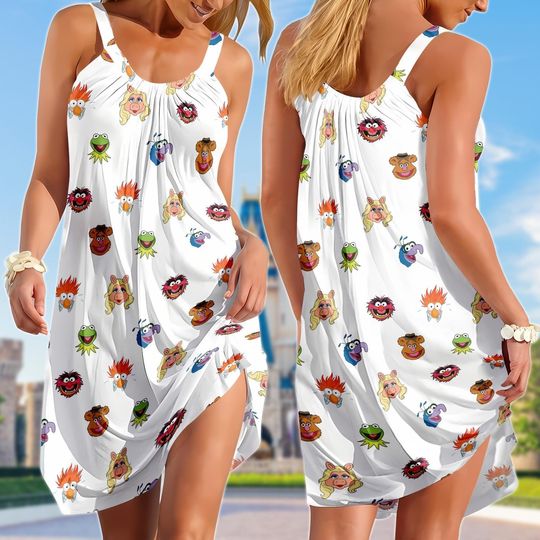 Discover Funny The Muppets Sling Summer Dress, Kermit Miss Piggy Summer Beach Dress, Cartoon Vacation Outfit for Women