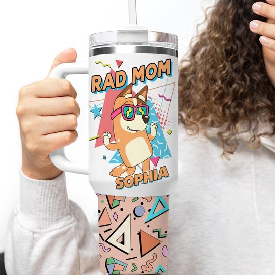 Personalized BlueyDad Rad Mom Tumbler, Cartoon Dog Mom Travel Mug, Chilli Heeler 40oz Water Bottle Cup