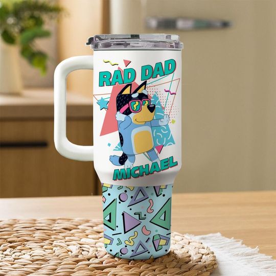 Personalized Rad Dad 90s Cartoon Tumbler Cup, BlueyDad Bandit Dog Travel Mug 40oz