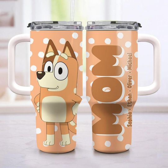Personalized BlueyDad Mom 40oz Tumbler with Kids Name, Chilli Heeler Mom Travel Mug, BlueyDad Mom Gift for Mothers Day Birthday Water Bottle Cup