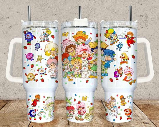 Retro Strawberry Shortcake Rainbow Brite 40oz Tumbler, 80s Cartoon Strawberry Girl Travel Mug