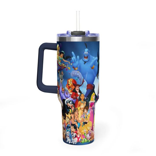 Discover Classic Disney Character Navy Tumbler, Magical Kingdom Aesthetic 40oz Travel Mug, Premium Insulated Navy Handle Cup