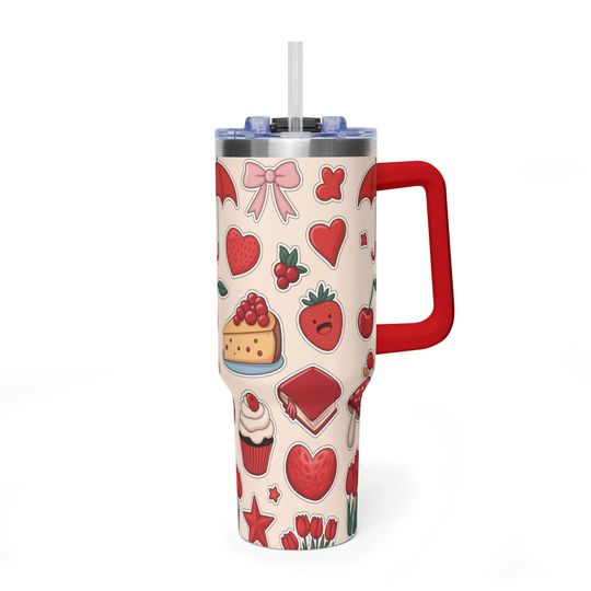 Discover Classic Strawberry Sweet Cream Tumbler, Cozy Cottagecore Aesthetic 40oz Travel Mug, Premium Insulated Red Handle Cup