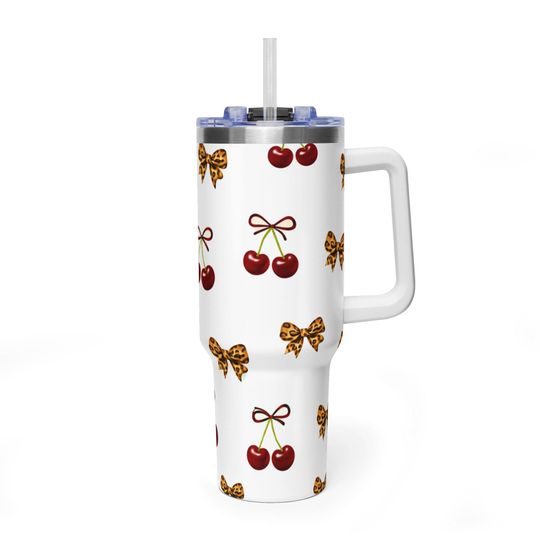 Discover Chic Cherry & Leopard Bow White Tumbler, Coquette Aesthetic 40oz Travel Mug, Premium Insulated Handle Cup, Storybook Style Drinkware