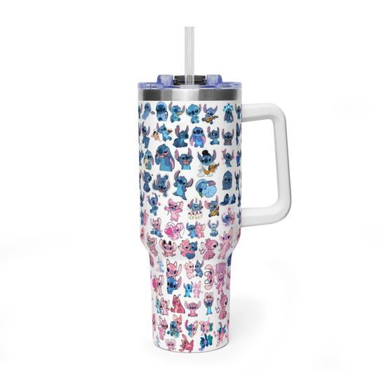 Discover Classic Stitch and Angel White Tumbler, Lilo & Stitch Aesthetic 40oz Travel Mug, Premium Insulated White Handle Cup
