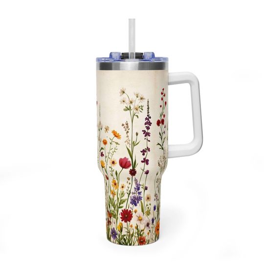 Discover Hand-Painted Wildflower Bouquet Cream Tumbler, Vintage Botanical Aesthetic 40oz Travel Mug, Premium Insulated Handle Cup