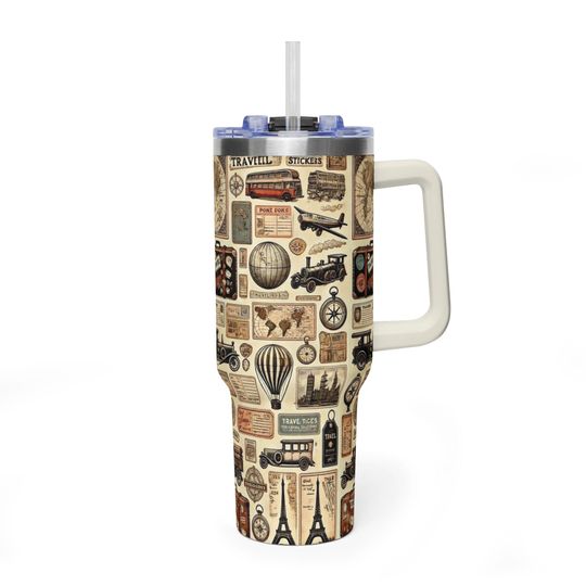 Discover Classic Wanderlust Off-White Tumbler, Vintage Travel Aesthetic 40oz Travel Mug, Premium Insulated Explorer Cup,