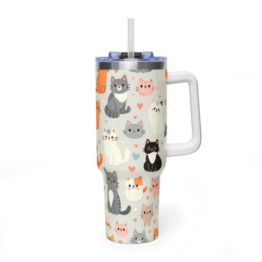 Discover Adorable Cartoon Cat Grey Tumbler, Kawaii Kitten Aesthetic 40oz Travel Mug, Premium Insulated Handle Cup