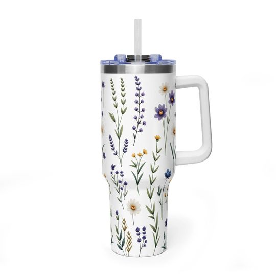 Discover Hand-Painted Lavender & Daisy White Tumbler, Wildflower Botanical Aesthetic 40oz Travel Mug, Premium Insulated Handle Cup