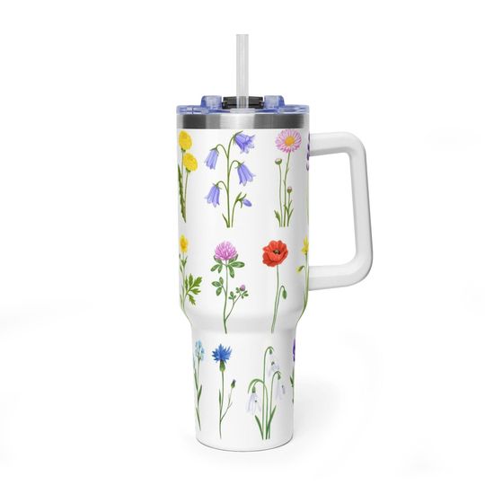 Discover Diverse Wildflower Bouquet White Tumbler, Colorful Botanical Aesthetic 40oz Travel Mug, Premium Insulated Handle Cup