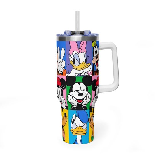 Classic Mickey Mouse White Handle Tumbler, Disney Pop-Art Aesthetic 40oz Travel Mug, Premium Insulated Donald & Goofy Cup