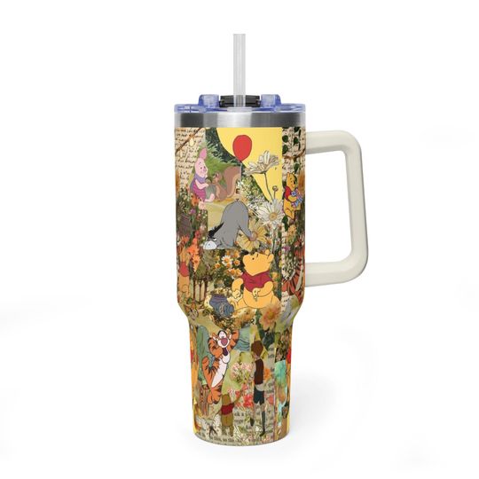 Discover Vintage Winnie the Pooh and Friends 40oz Tumbler with Handle, Classic Storybook Collage Travel Mug, Hundred Acre Wood Floral Insulated