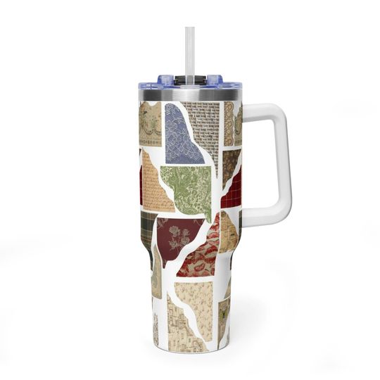 Discover Vintage Scrapbook Junk Journal 40oz Tumbler with Handle, Shabby Chic Floral and Lace Collage Travel Mug, Retro Aesthetic Insulated