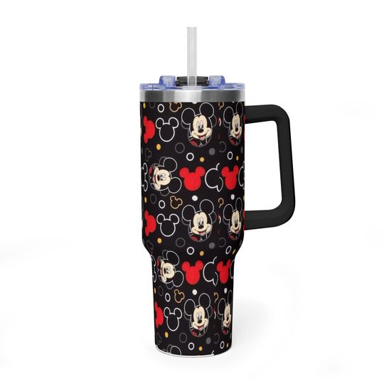 Discover Classic Mickey Mouse Face Black Tumbler, Retro Disney Aesthetic 40oz Travel Mug, Premium Insulated Black Handle Cup