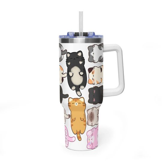 Discover Classic Sleeping Cat White Tumbler, Kawaii Feline Aesthetic 40oz Travel Mug, Premium Insulated Tuxedo & Tabby Cup