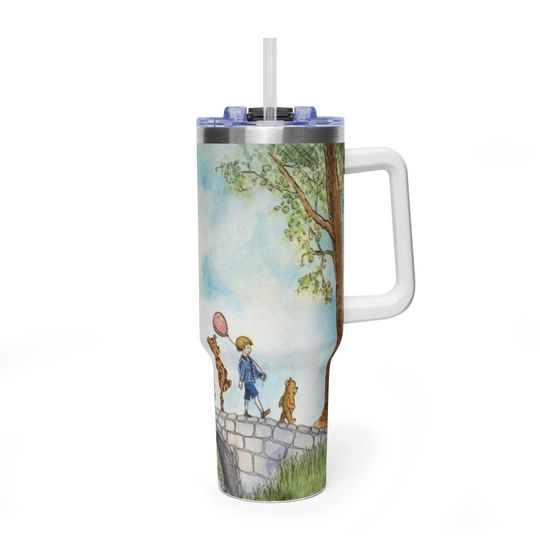 Discover Classic Winnie the Pooh 40oz Tumbler with Handle, Christopher Robin and Tigger Watercolor Quencher, Retro Hundred Acre Wood Travel Mug