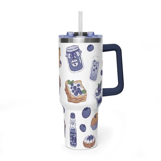 Discover Classic Blueberry Jam Navy Handle Tumbler, Berry Cafe Aesthetic 40oz Travel Mug, Premium Insulated White Harvest Cup