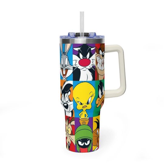 Classic Bugs Bunny White Handle Tumbler, Looney Tunes Pop-Art Aesthetic 40oz Travel Mug, Premium Insulated Tweety & Sylvester Cup