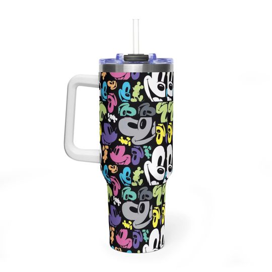 Pop Art Mickey Mouse 40oz Tumbler with Handle, Vibrant Neon Disney Character Quencher, Style Mickey Travel Mug, Gift for Disney Lovers
