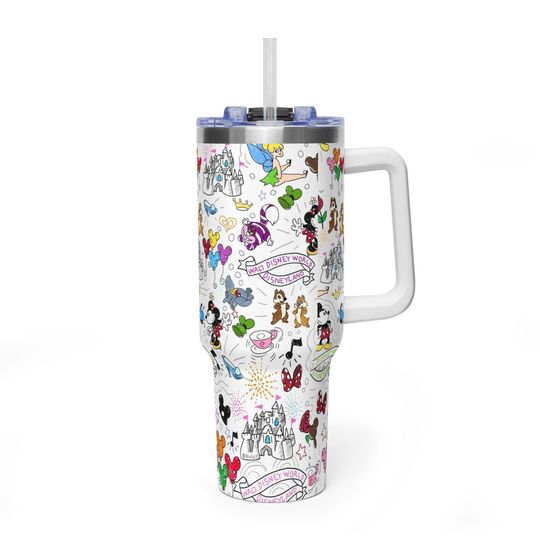 Discover Disney Doodle 40oz Tumbler with Handle, Hand-Drawn Disney World Disneyland Travel Mug, Mickey and Friends Reusable Cup, Dumbo Water Bottle