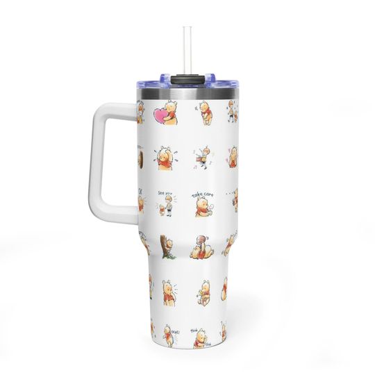 Discover Classic Winnie the Pooh Collage White Tumbler, Hundred Acre Wood Aesthetic 40oz Travel Mug, Premium Insulated Handle Cup